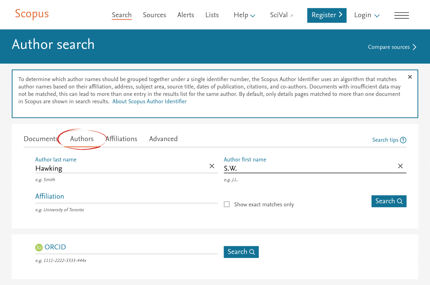 The Scopus author search interface